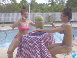 Camsoda teens with big ass and big tits start a watermelon explode with rubber ba