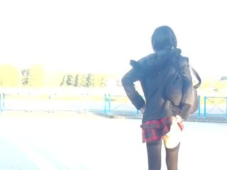 Provocative Skinny crossdresser Kimi TV public outdoors bottomless