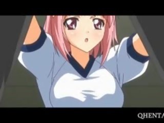 Růžový vlasy anime školní panenka jídla manhood na knees