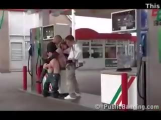 Public public porn threesome with a pregnant woman at a gas